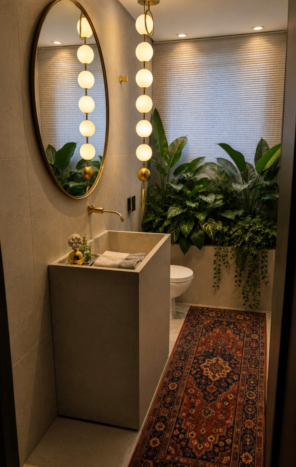 Lavabo com espelho oval, luminária escultural e vegetação.